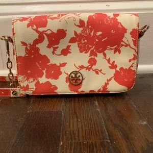 Tory Burch white and orange flower leather purse